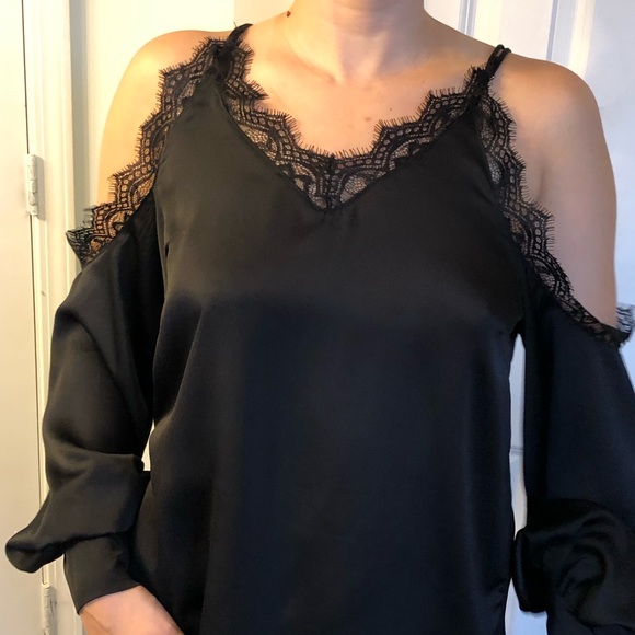 Black satin off the shoulder top - Picture 4 of 7